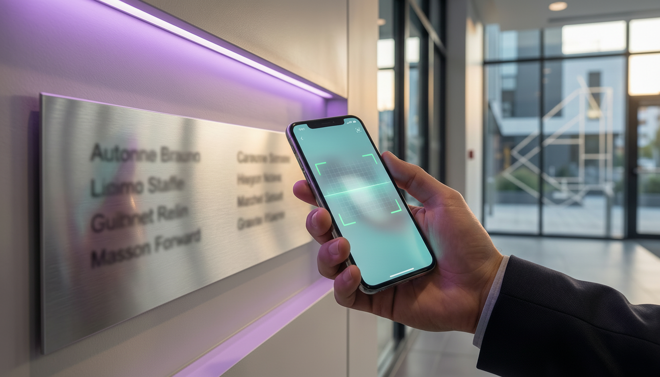 Gros plan sur la main d'un conseiller immobilier tenant un smartphone, prenant en photo une plaque d