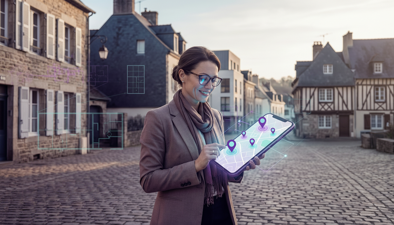 Conseillère immobilière dynamique marchant dans une rue résidentielle française avec des maisons tra