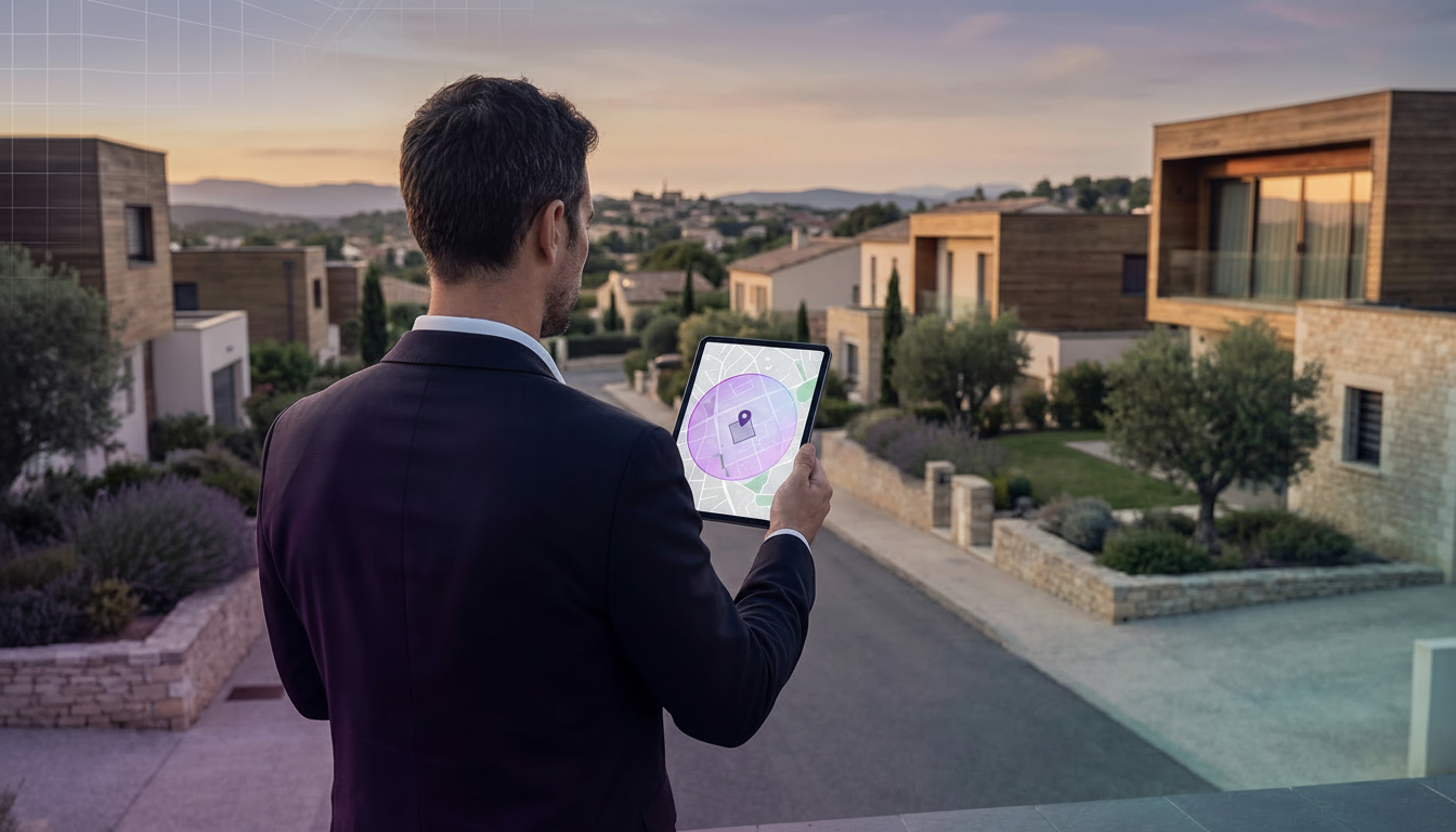 Conseiller immobilier de dos, regardant une rue résidentielle française moderne avec des maisons con