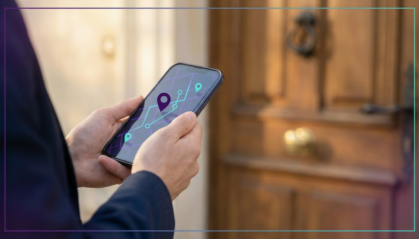 Plan rapproché sur les mains d'un conseiller immobilier tenant un smartphone affichant l'interface P