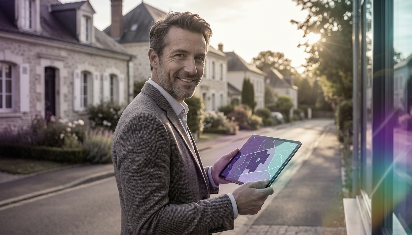Conseiller immobilier de terrain souriant, regardant sa tablette numérique affichant une carte inter