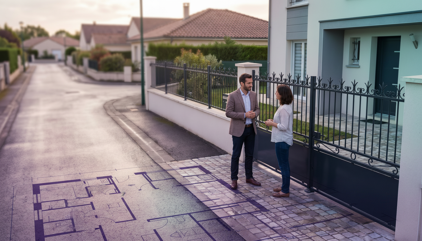 Vue en plongée d'un conseiller immobilier discutant chaleureusement avec un propriétaire devant le p