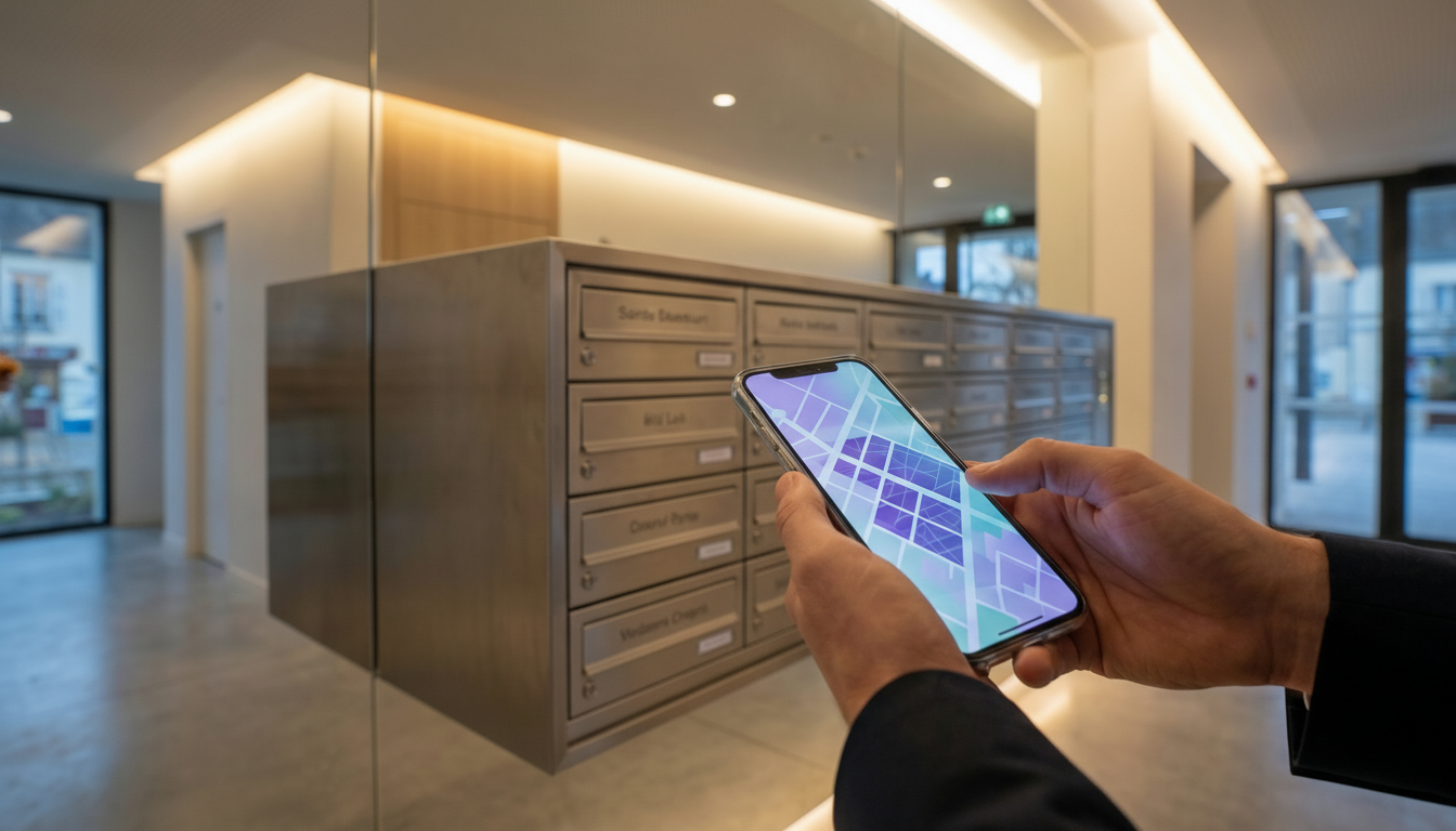 Gros plan sur les mains d'un conseiller immobilier dans un hall d'immeuble moderne, tenant un smartp