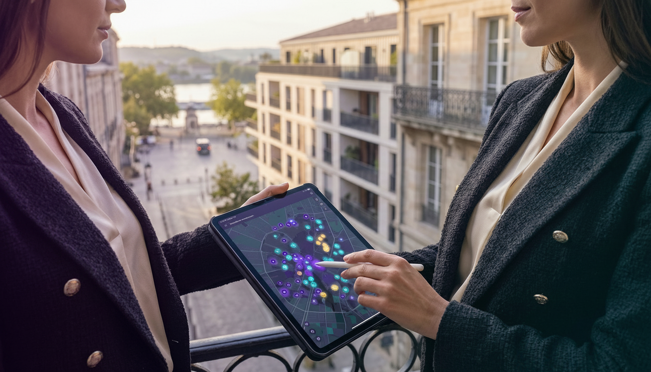 Vue par-dessus l'épaule d'une conseillère immobilière en tenue décontractée chic, consultant une car