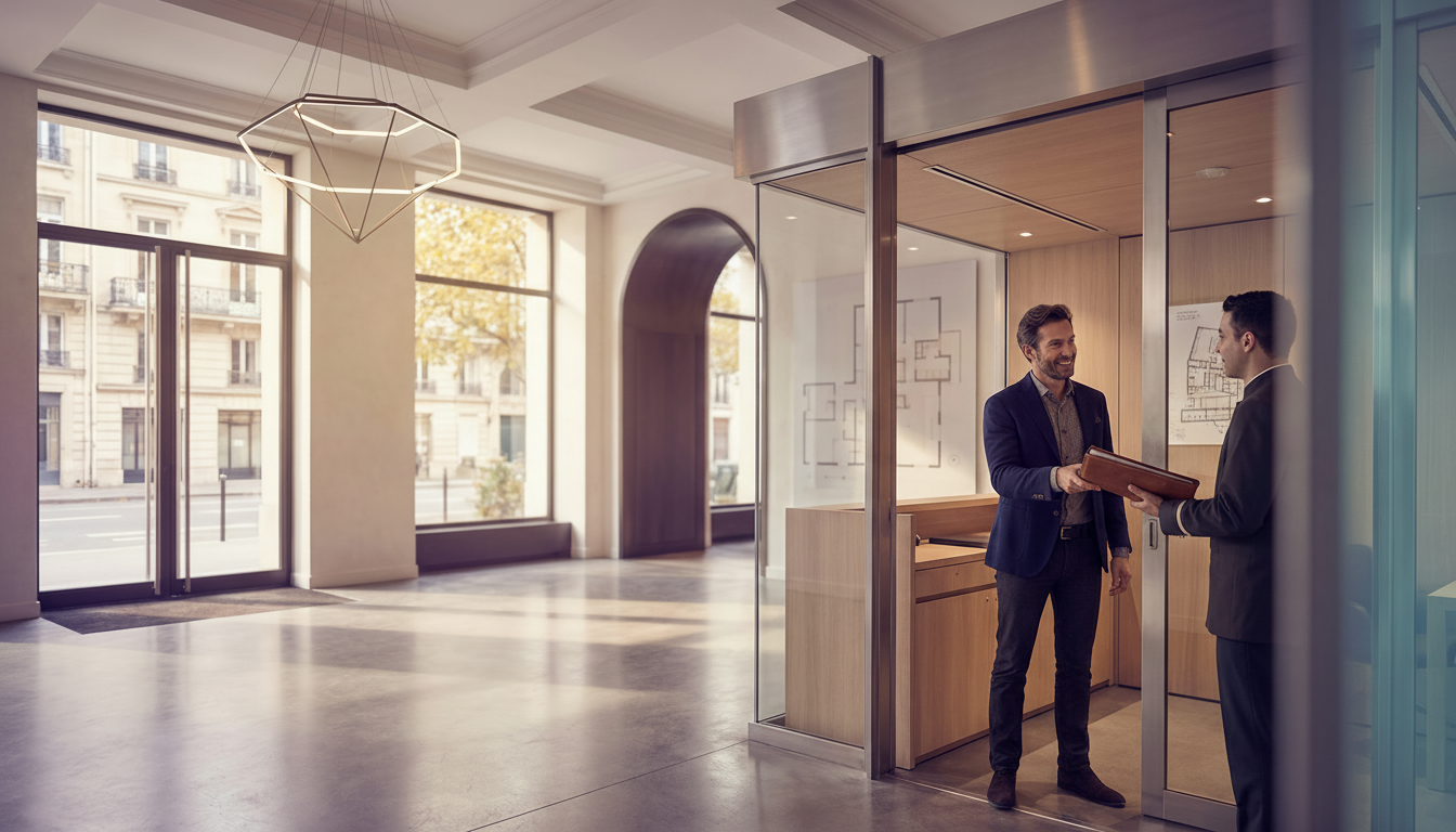 Un conseiller immobilier souriant, habillé sobrement (sans cravate stricte), discutant de manière dé