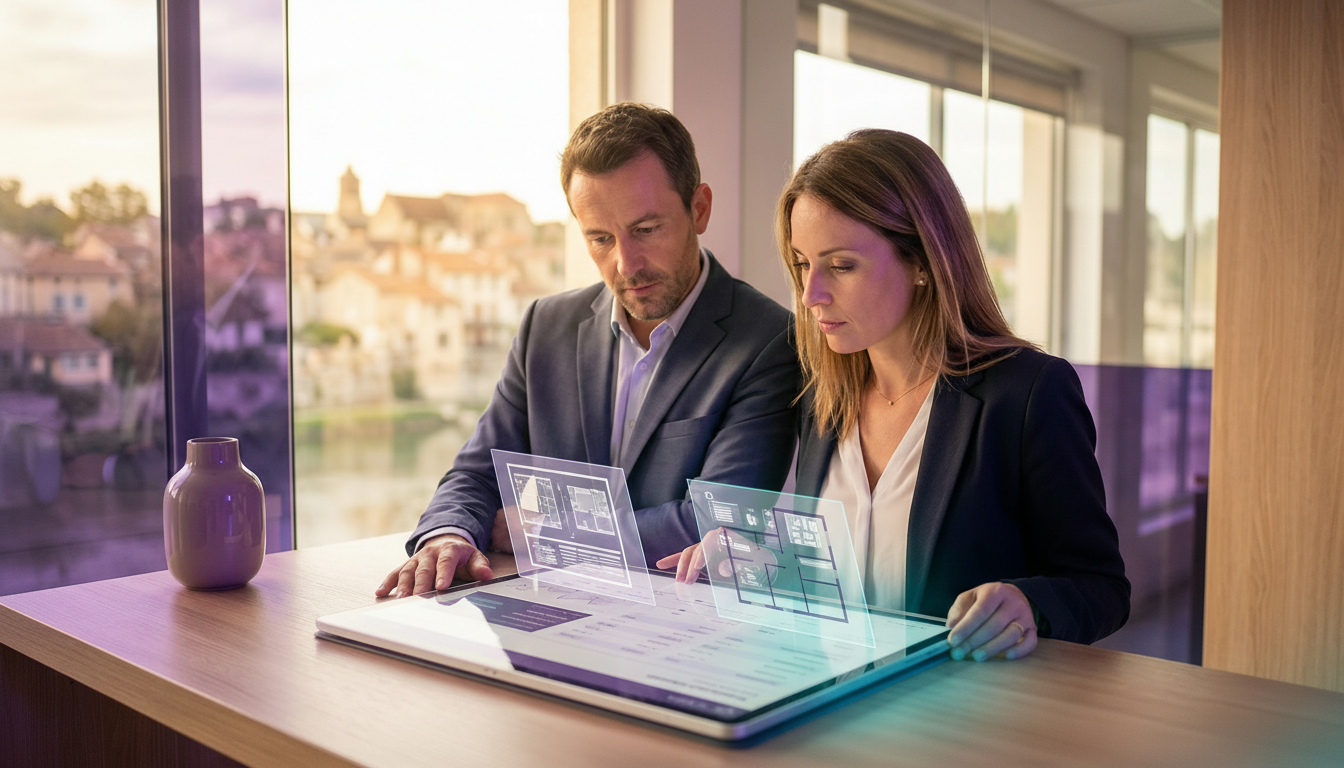 Un gestionnaire de syndic dans un bureau administratif clair, regardant attentivement un rapport d'e