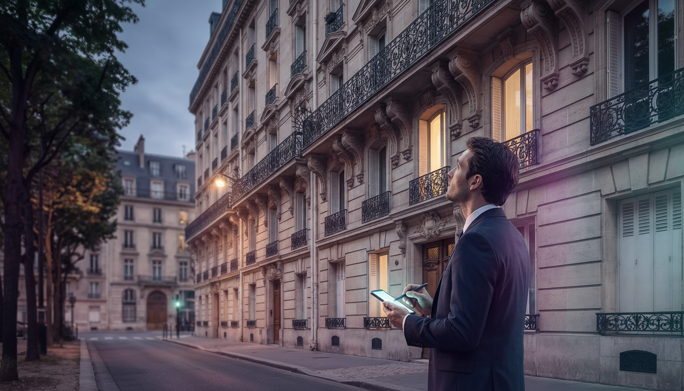 Conseiller immobilier observant attentivement la façade d'un grand immeuble résidentiel depuis la ru