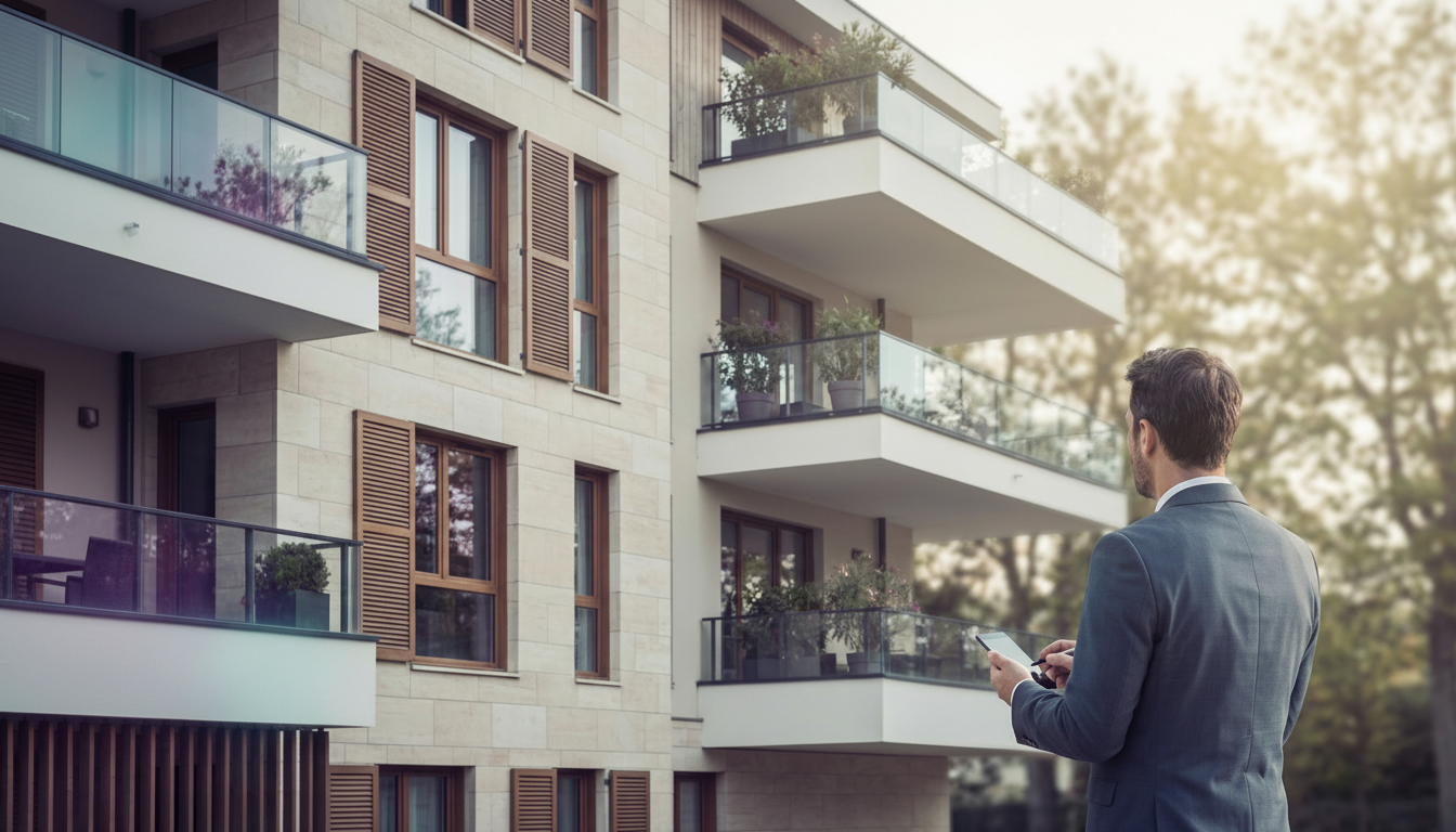 Plan moyen d'une façade d'immeuble résidentiel français moderne avec balcons. Au premier plan, de do