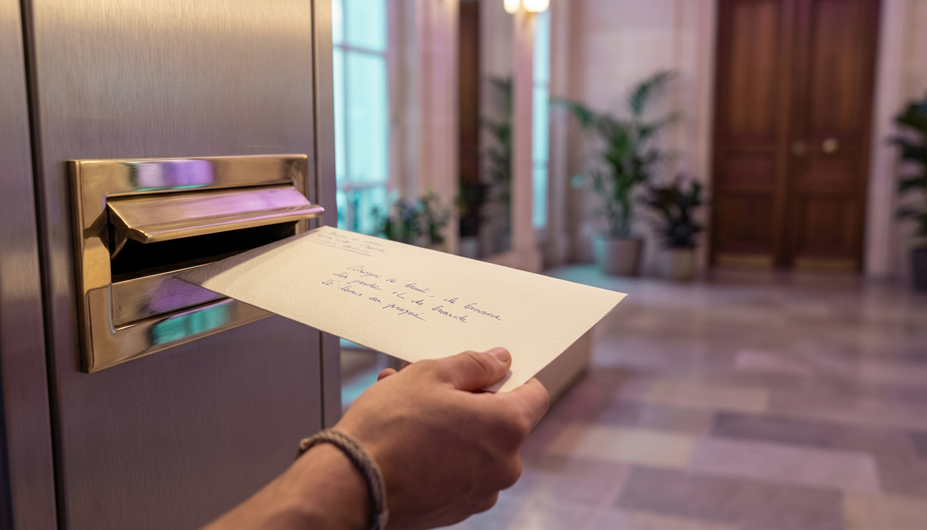 Gros plan sur une main tenant une enveloppe de qualité, manuscrite à l'encre bleue, prête à être gli