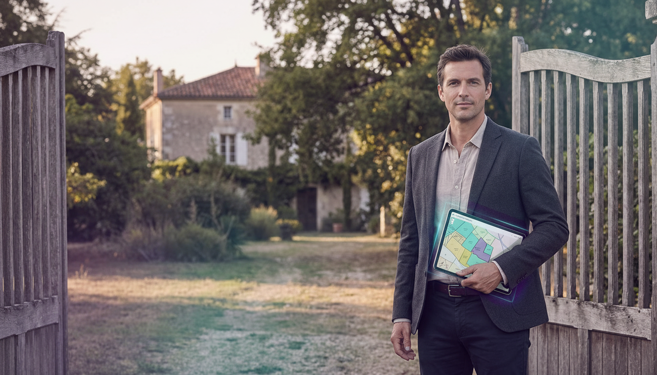 Un conseiller immobilier en tenue décontractée chic, debout devant un grand portail en bois donnant 