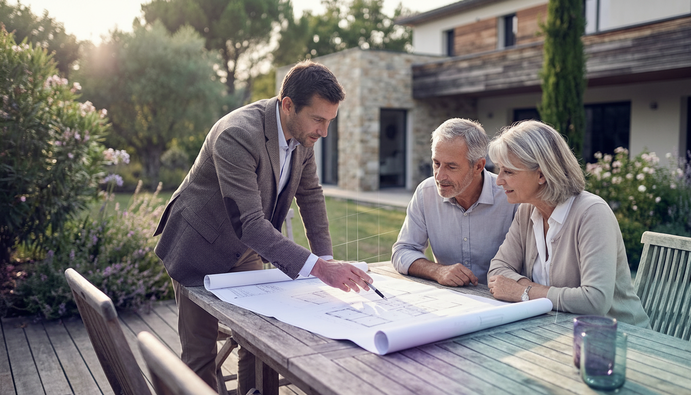 Scène de discussion dans un jardin verdoyant. Un conseiller immobilier montre un plan papier déplié 