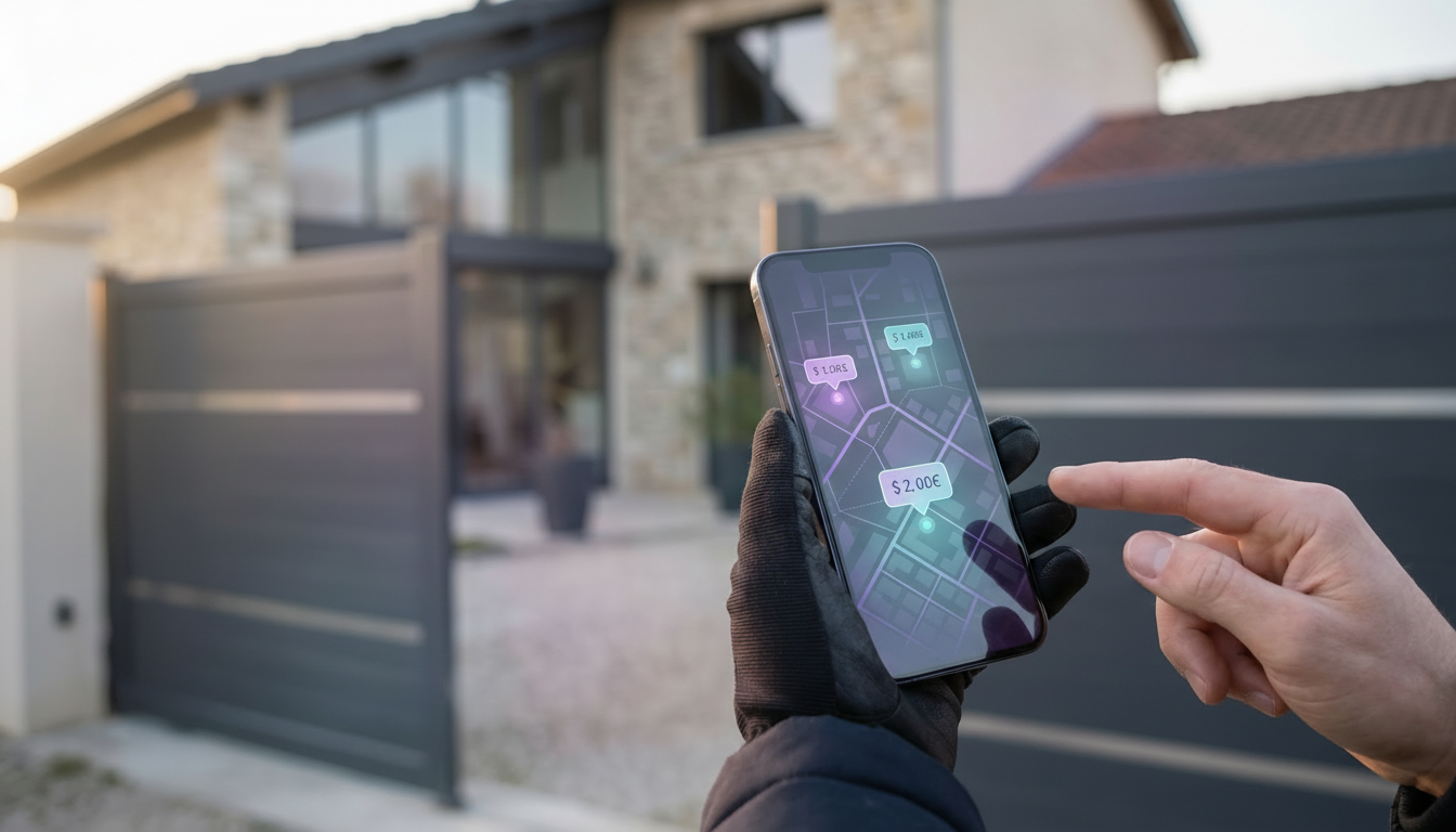 Vue rapprochée d'une main tenant un smartphone affichant une carte interactive avec des points de pr