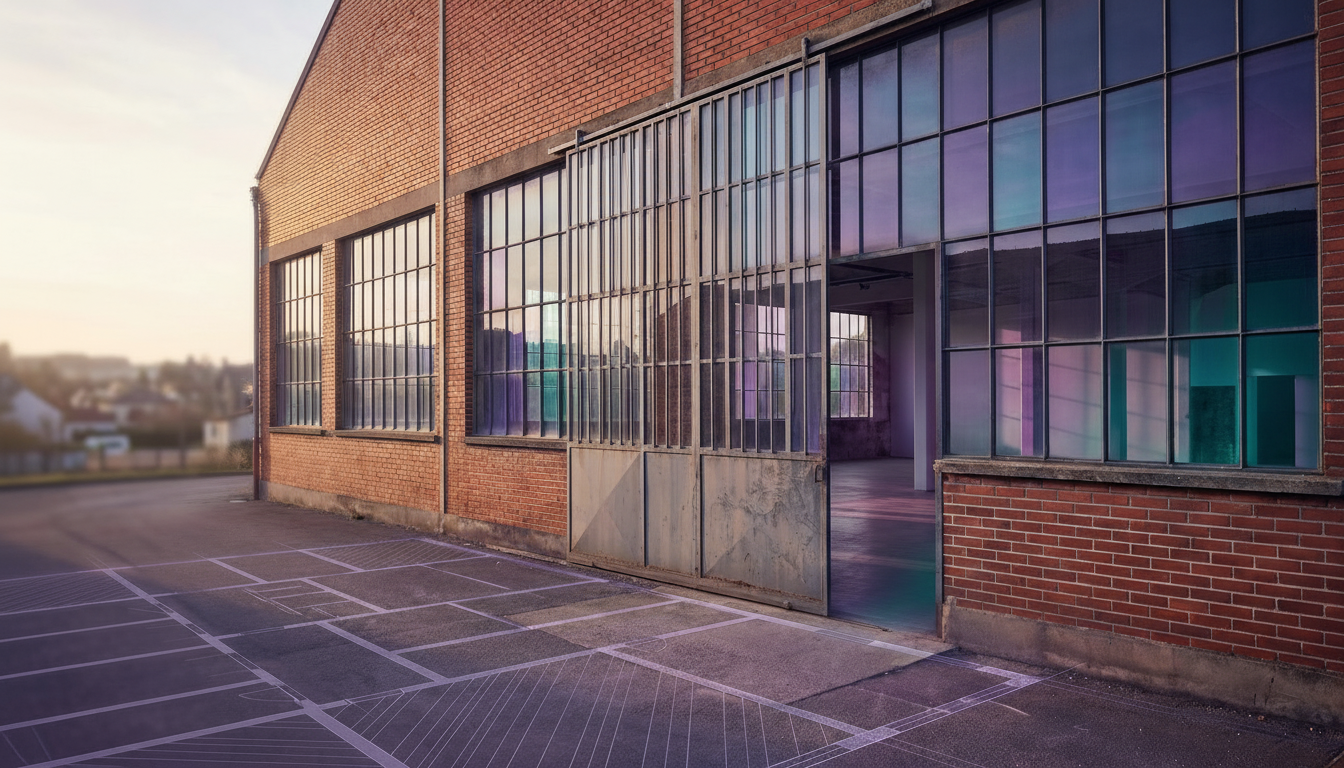 Vue extérieure d'un bâtiment en briques rouges typique d'une zone artisanale française des années 80