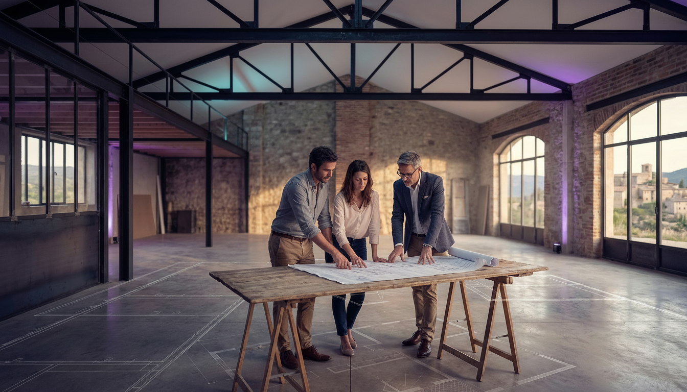 Intérieur d'un espace brut type atelier avec une très grande hauteur sous plafond, sol en béton, cha