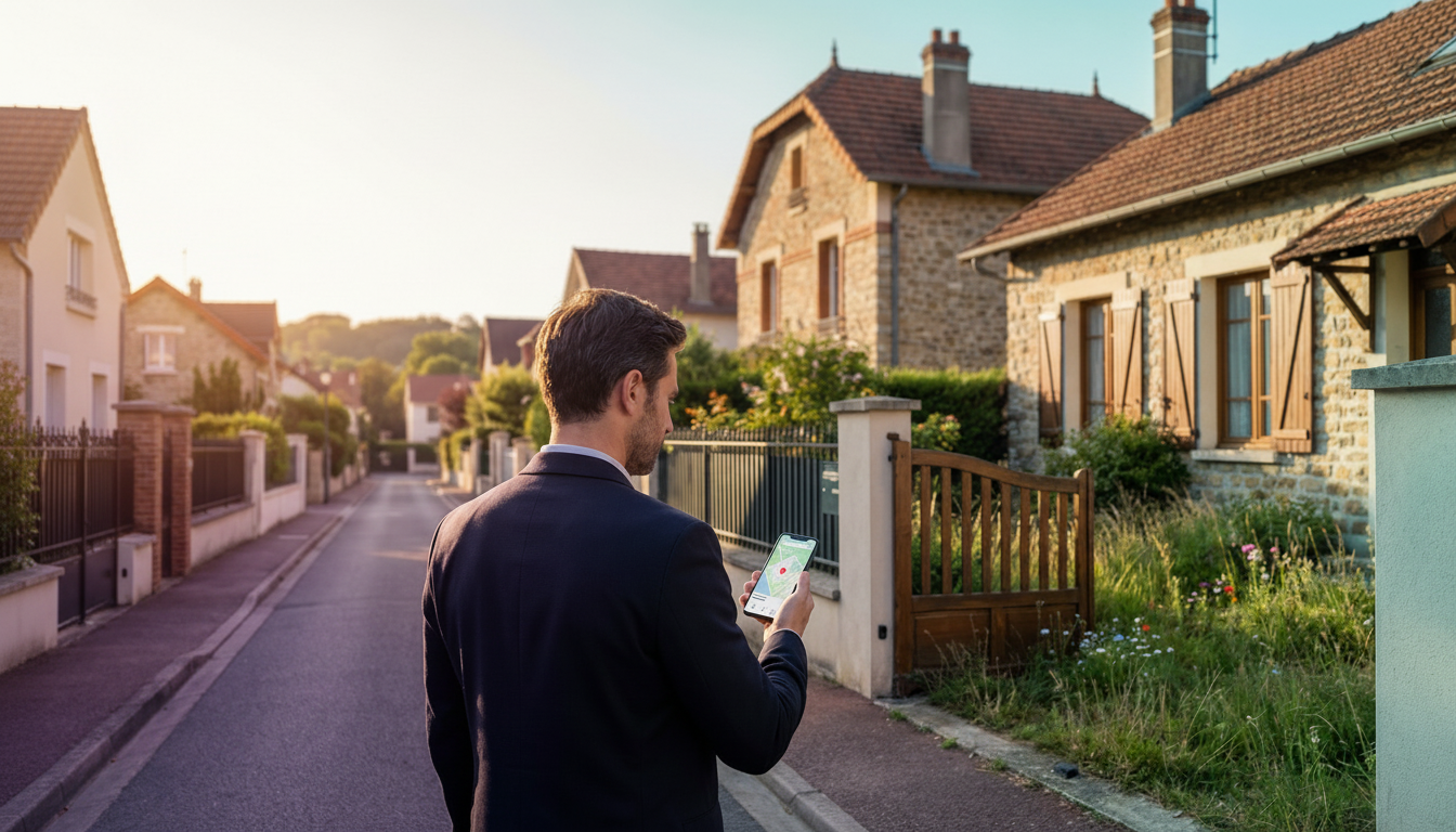 Plan moyen d'un conseiller immobilier masculin de dos, marchant dans une rue résidentielle pavillonn