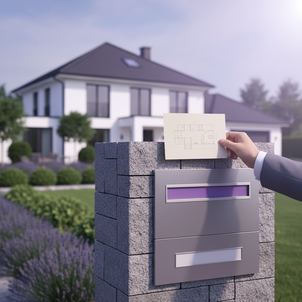 Gros plan sur une main tenant un flyer immobilier de qualité devant une boîte aux lettres moderne in