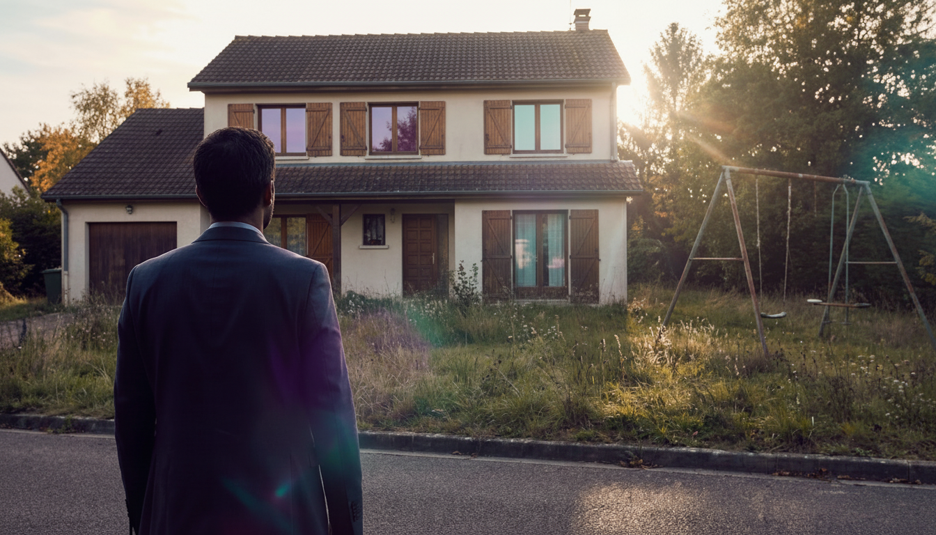 Conseiller immobilier de dos, observant attentivement depuis la rue un grand pavillon des années 80 