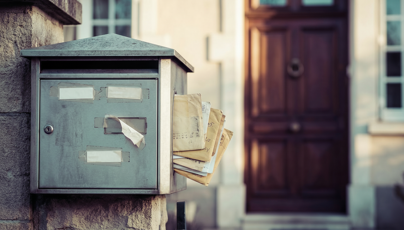 Gros plan sur une boîte aux lettres de pavillon avec plusieurs étiquettes dont l'une est partielleme