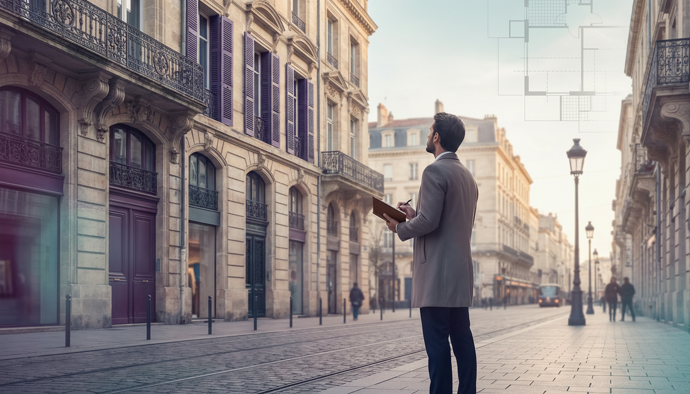 Rue animée d'une grande ville française type Lyon ou Bordeaux avec architecture haussmannienne. Un c