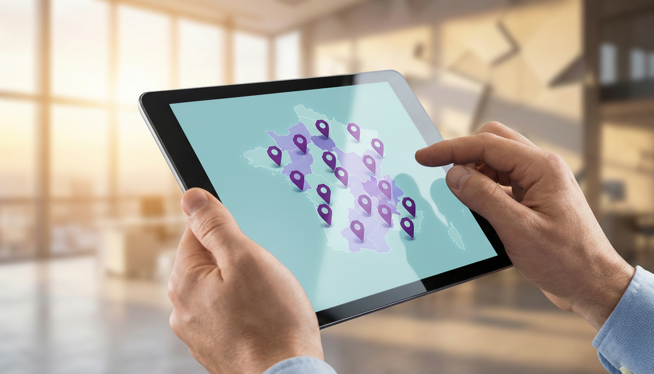 Plan rapproché sur une tablette tenue par des mains d'homme, affichant une carte interactive avec de