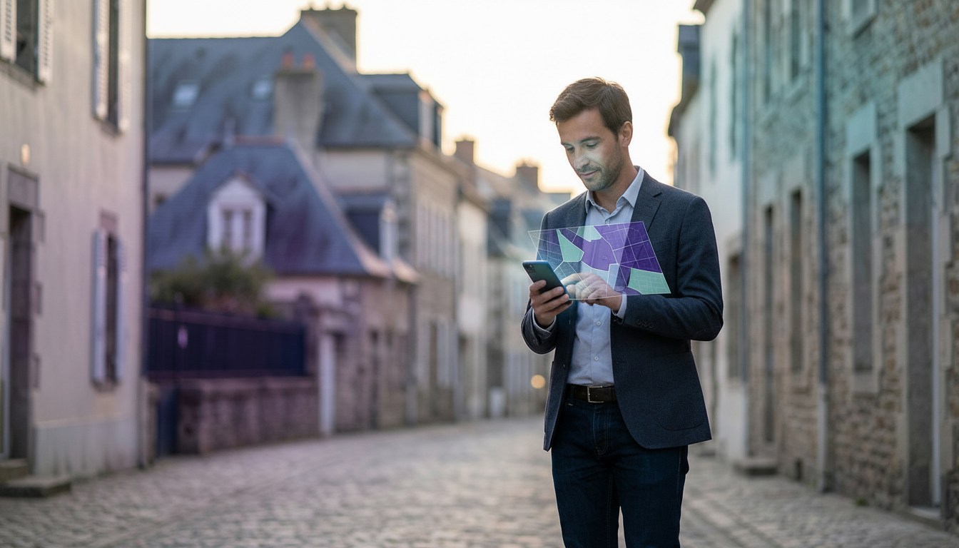 Un conseiller immobilier en tenue décontractée chic consultant une application de cartographie sur s