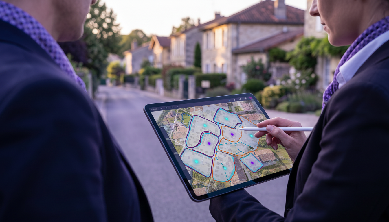 Vue en gros plan (over-the-shoulder) d'un conseiller immobilier tenant une tablette. L'écran affiche
