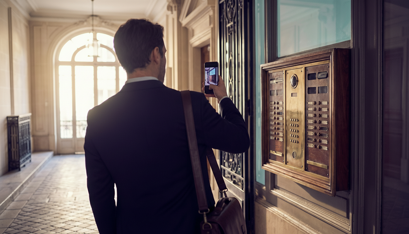 Conseiller immobilier de dos dans un hall d'immeuble ancien en centre-ville, photographiant un table