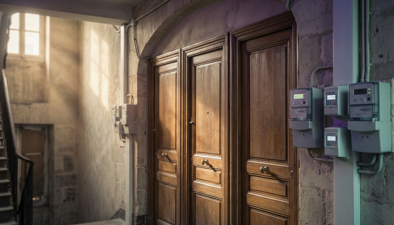 Vue rapprochée de trois portes palières en bois très proches les unes des autres sur un petit palier