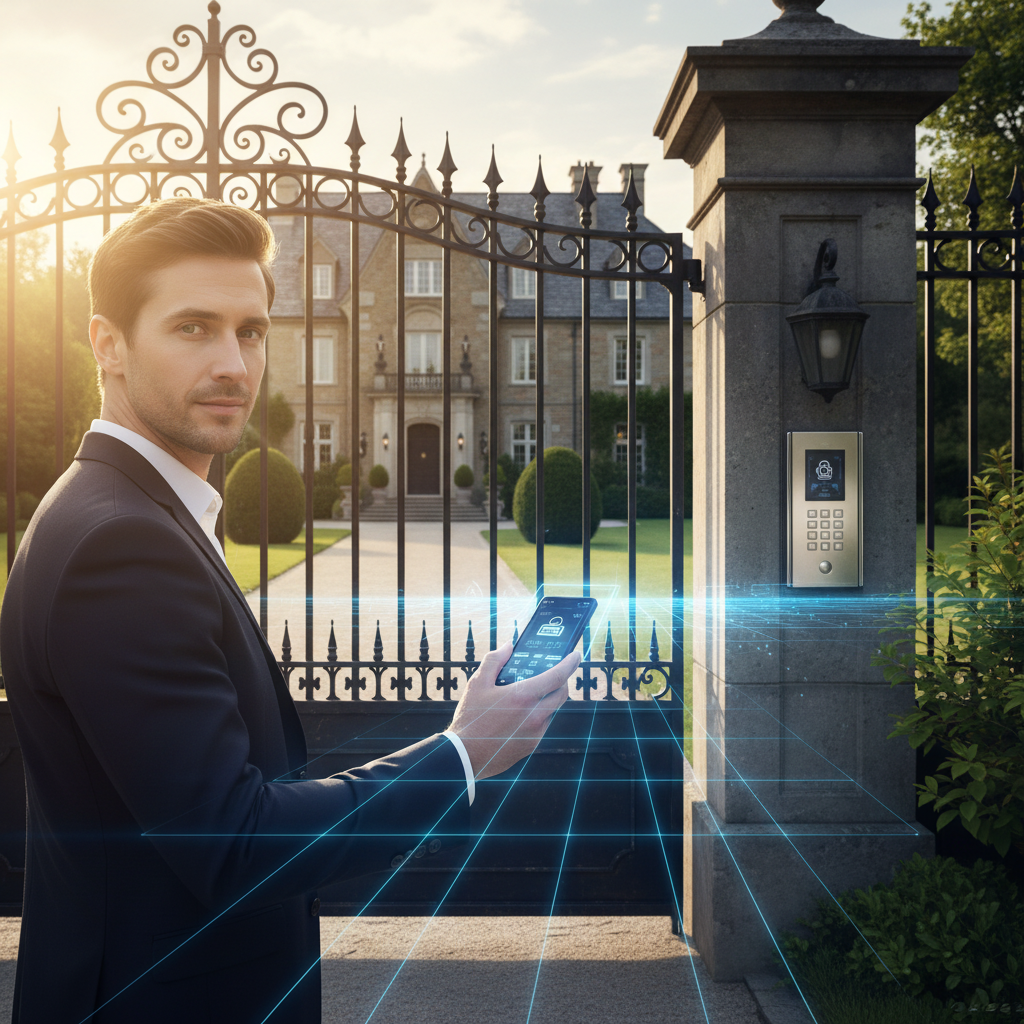 Conseiller immobilier en tenue professionnelle élégante se tenant devant le portail en fer forgé d'u