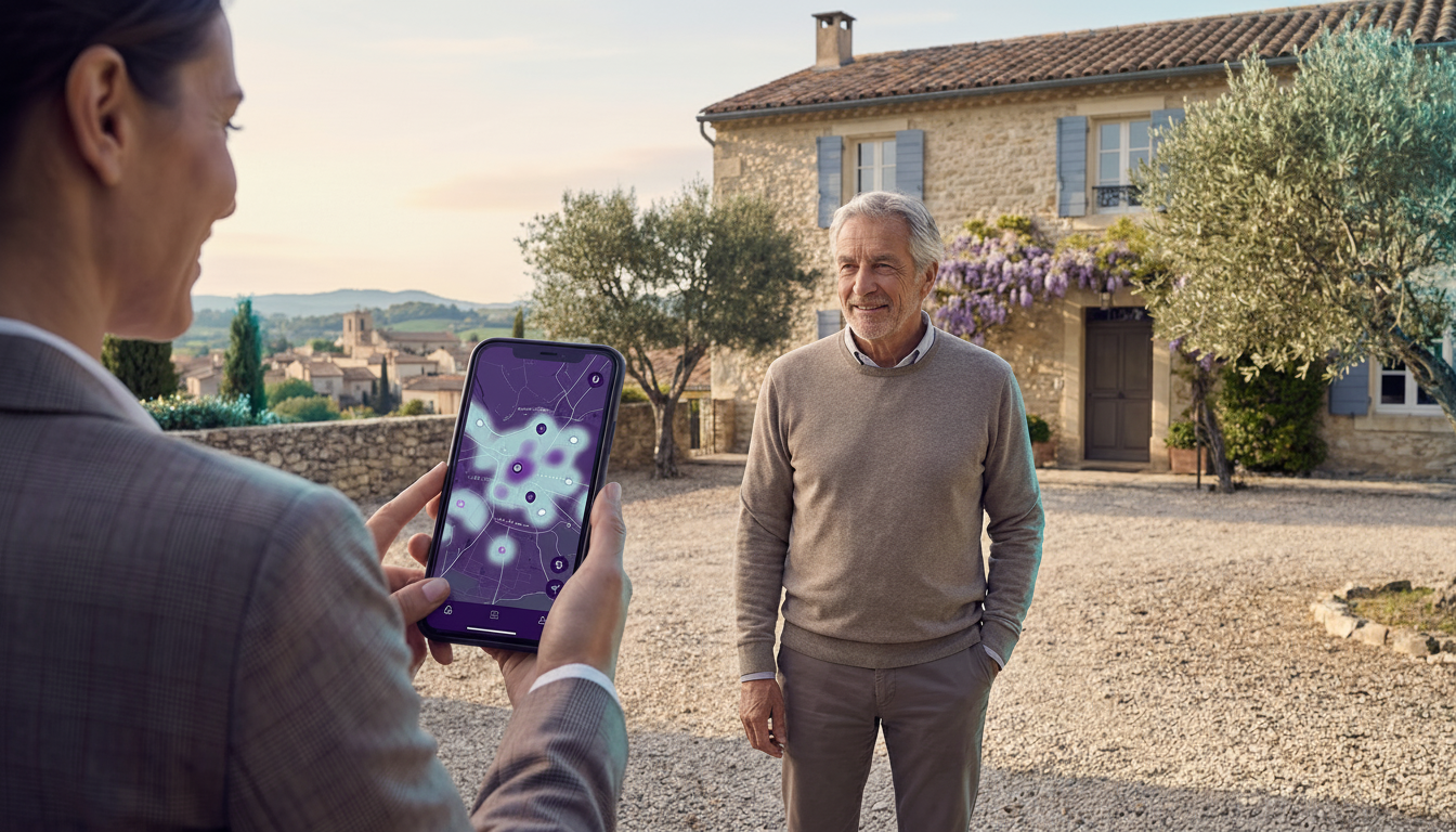 Vue par-dessus l'épaule d'un conseiller immobilier tenant son téléphone affichant l'application Pros