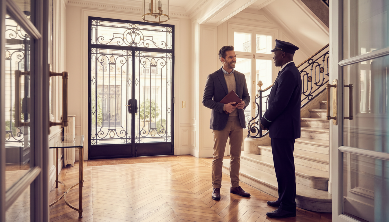 Conseiller immobilier souriant, en tenue professionnelle décontractée, discutant chaleureusement ave