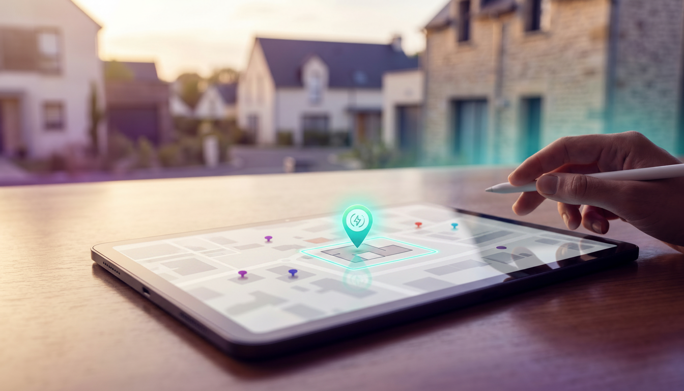 Vue en plongée d'une tablette tactile affichant l'application ProspeMap avec une carte interactive.