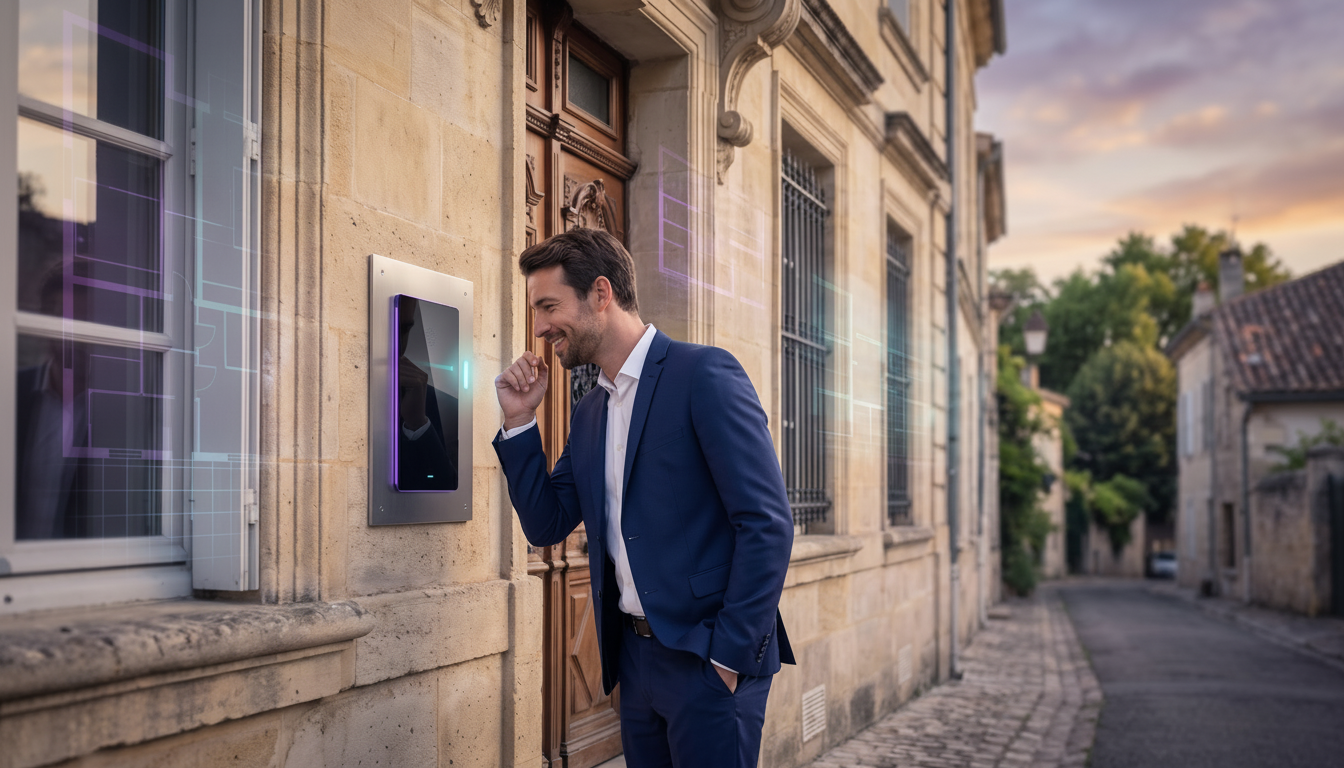 Conseiller immobilier élégant debout devant un interphone moderne d'un immeuble résidentiel en pierr