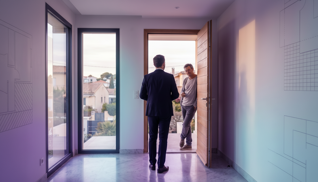 Conseiller immobilier de dos dans un couloir d'immeuble lumineux, discutant de manière détendue avec