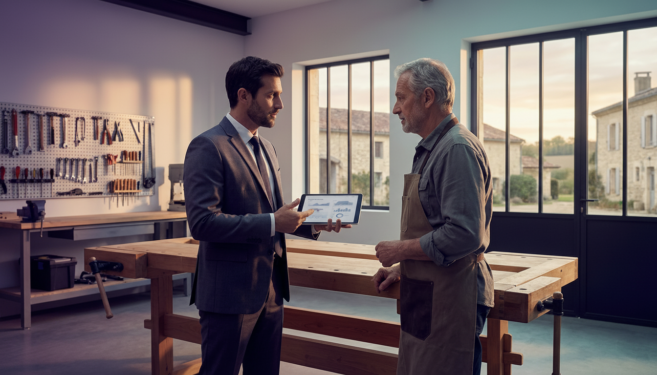 Intérieur d'un atelier d'artisan propre et organisé, un conseiller immobilier montre des données sur