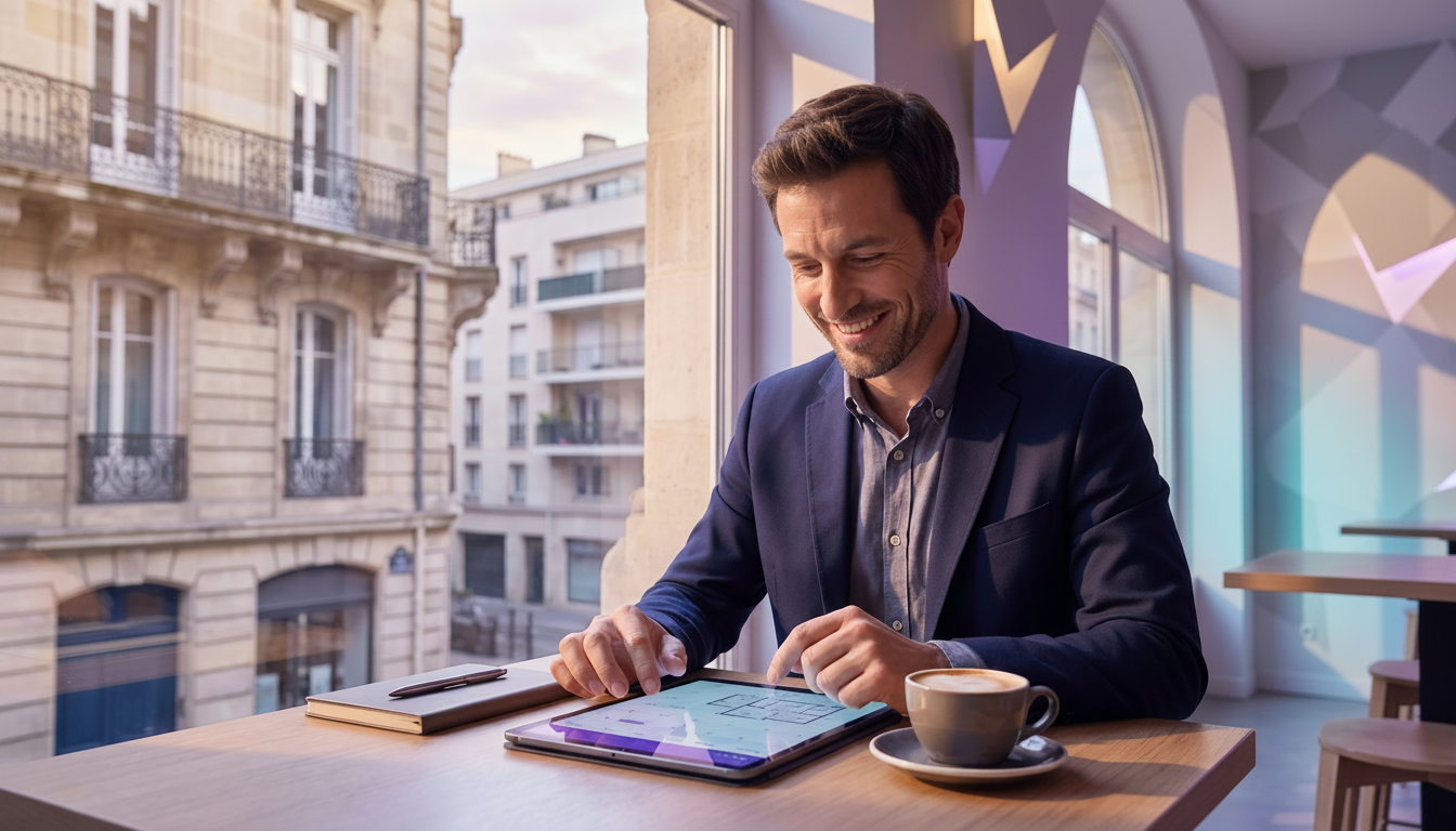 Un conseiller immobilier souriant, habillé de manière professionnelle mais décontractée, organisant 