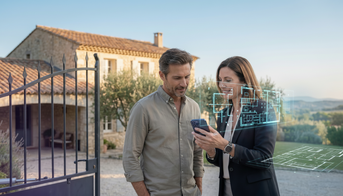 Une conseillère immobilière indépendante discutant chaleureusement avec un propriétaire devant le po