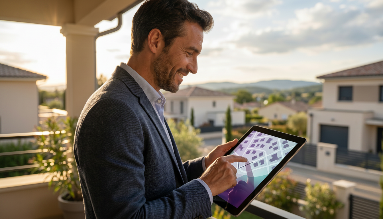 Conseiller immobilier indépendant souriant en train de dessiner avec son doigt sur une tablette numé