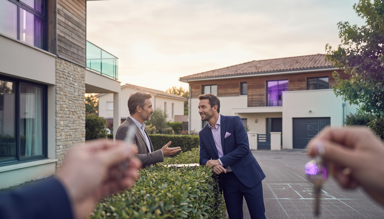 Conseiller immobilier bien habillé discutant calmement par-dessus une petite haie avec un voisin dan