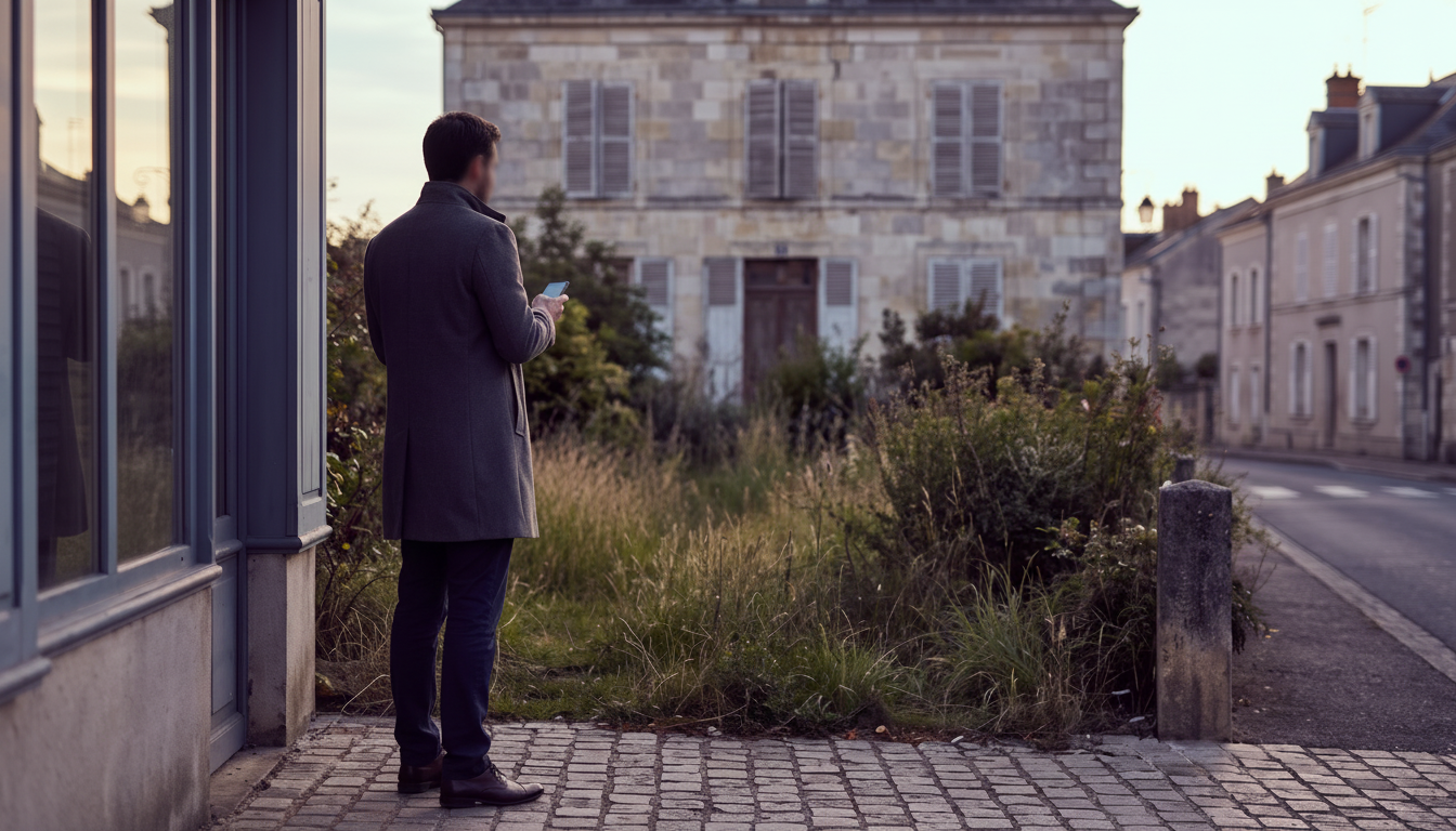 Conseiller immobilier observant respectueusement une maison aux volets clos avec un jardin en friche