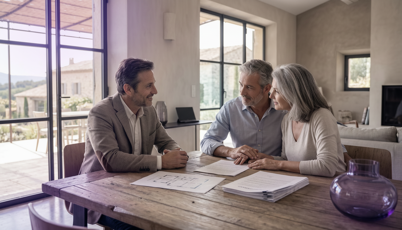 Conseiller immobilier discutant de manière empathique et posée avec un couple de quinquagénaires aut