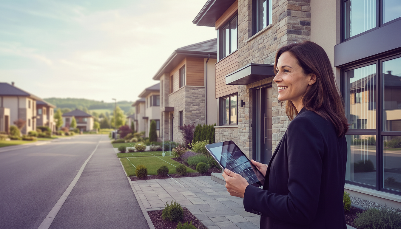 Lotissement récent en France avec des maisons individuelles alignées, un conseiller immobilier souri