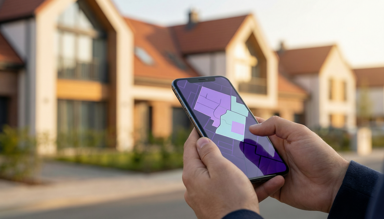 Plan rapproché des mains d'un conseiller immobilier utilisant l'application mobile ProspeMap sur un 