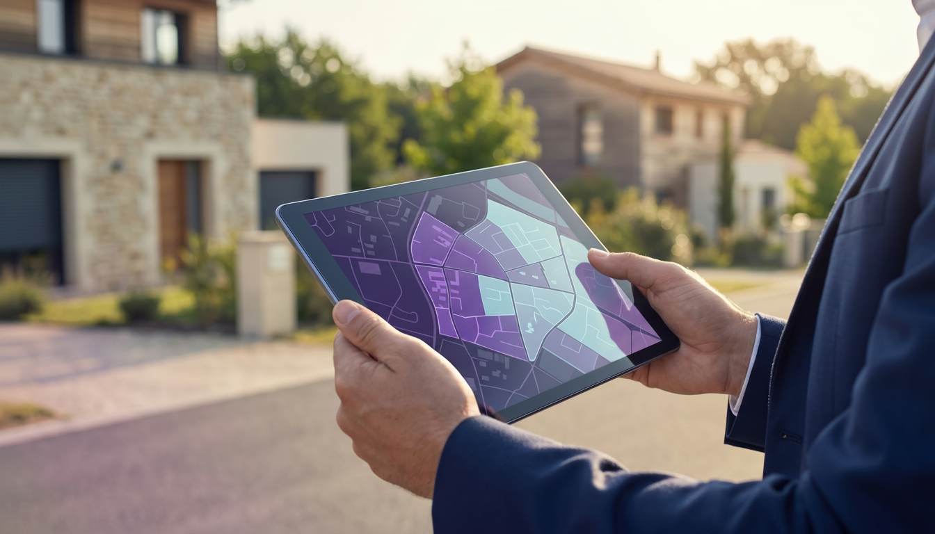 Tablette numérique affichant une carte interactive avec des zones de prospection colorées en rouge e