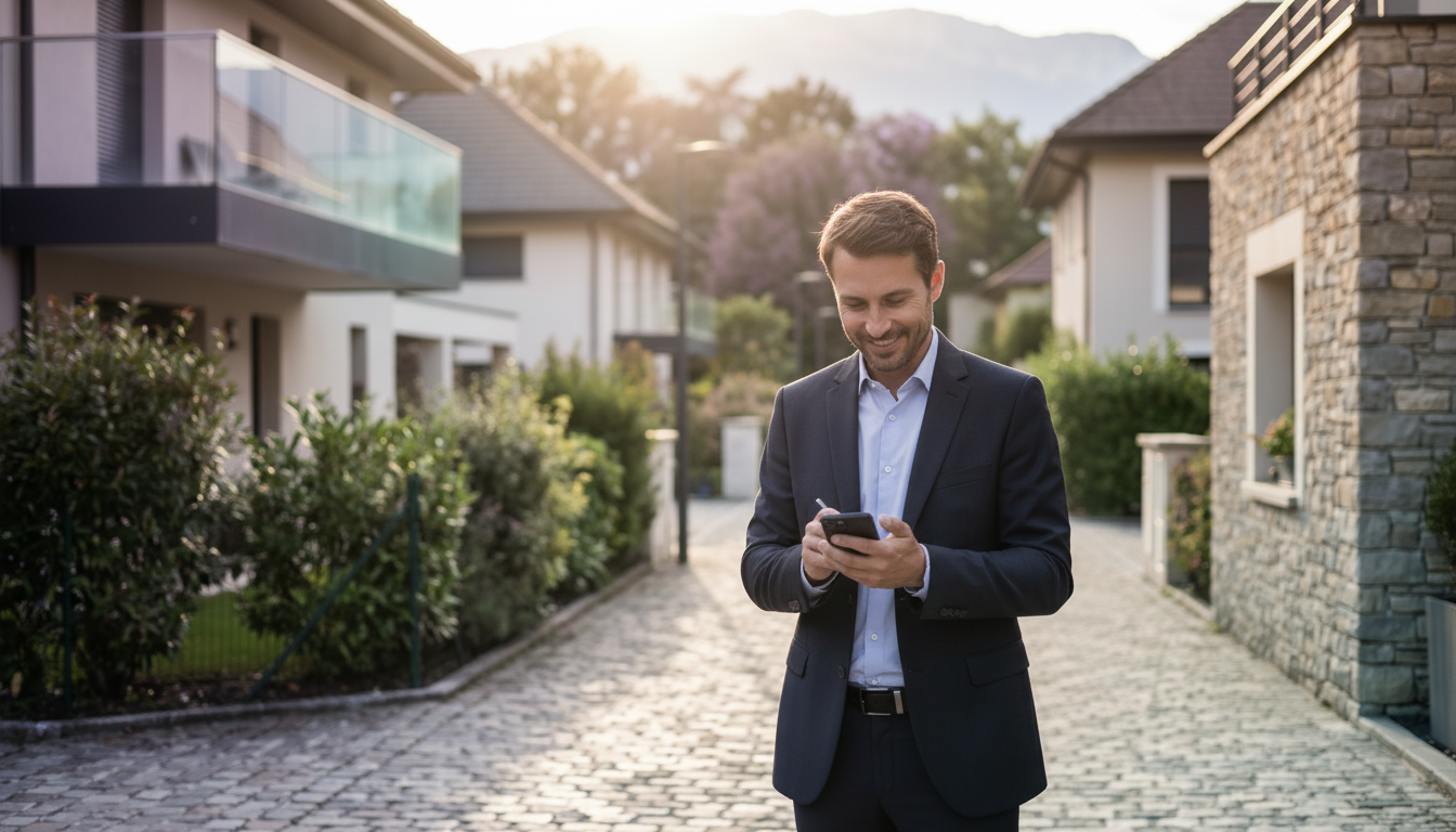 Conseiller immobilier souriant, marchant dans une allée résidentielle bordée de maisons avec jardins