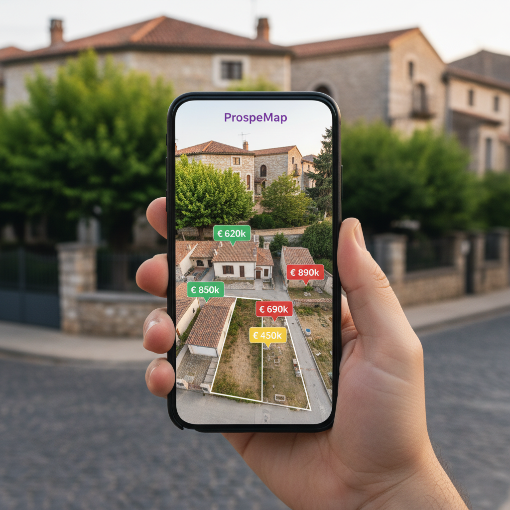Un smartphone tenu en main affichant l'interface de la carte ProspeMap, avec des marqueurs de prix e