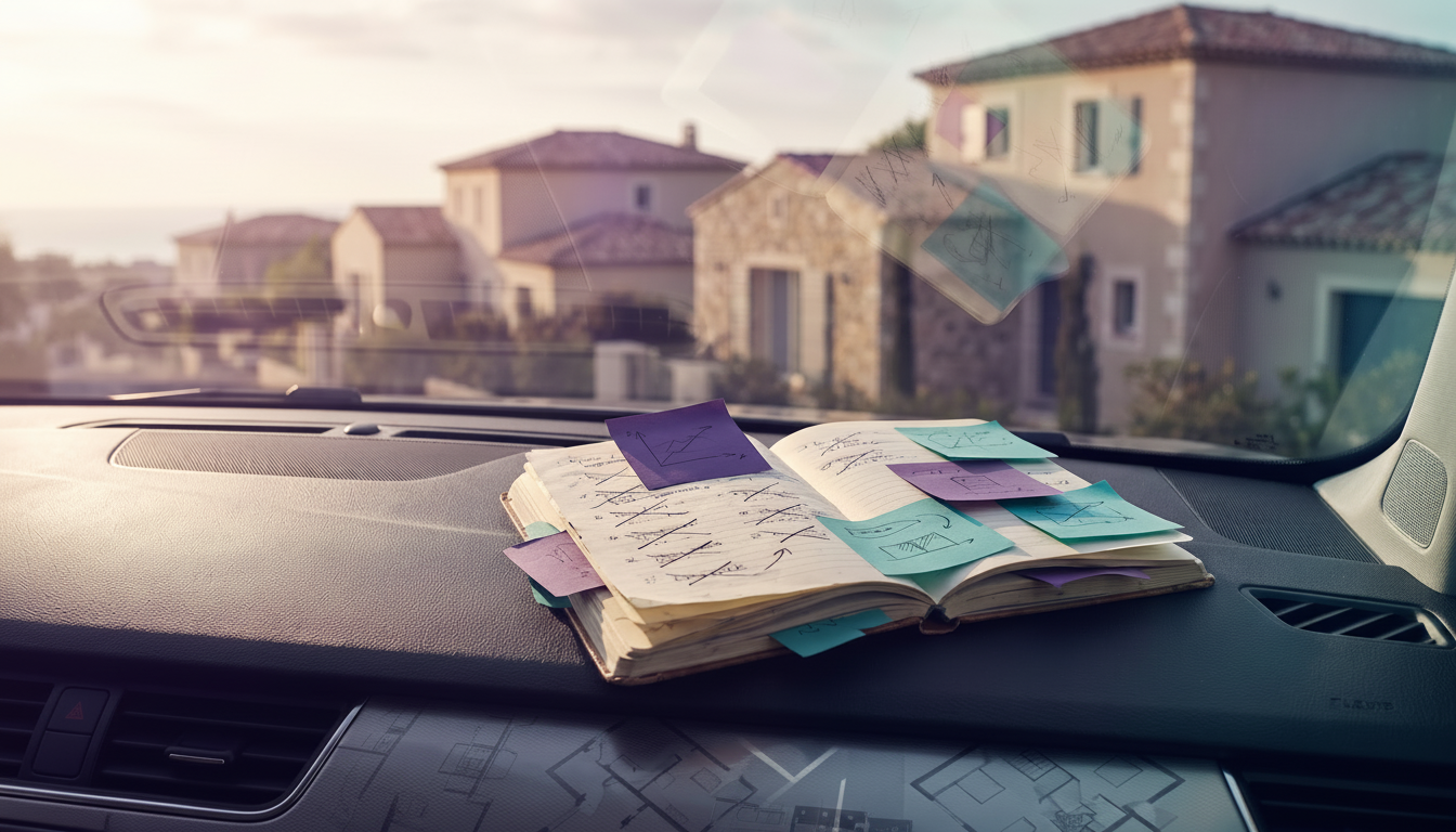 Un carnet de notes ouvert avec des ratures et des post-its éparpillés sur le tableau de bord d'une v