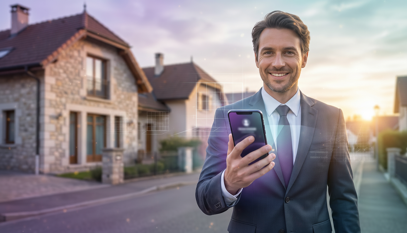 Un conseiller immobilier souriant en extérieur, tenant un smartphone affichant une interface sécuris
