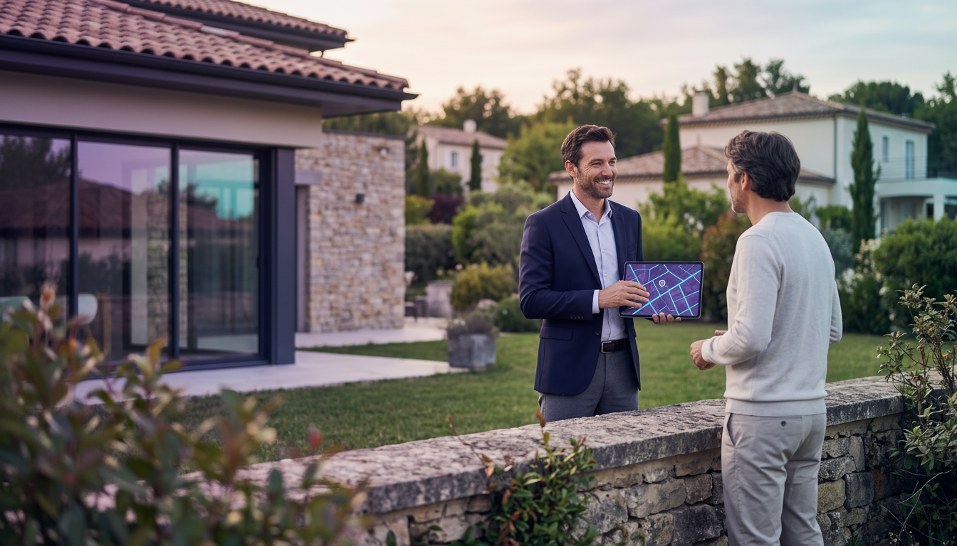 Conseiller immobilier souriant, habillé de manière professionnelle, discutant par-dessus un muret de