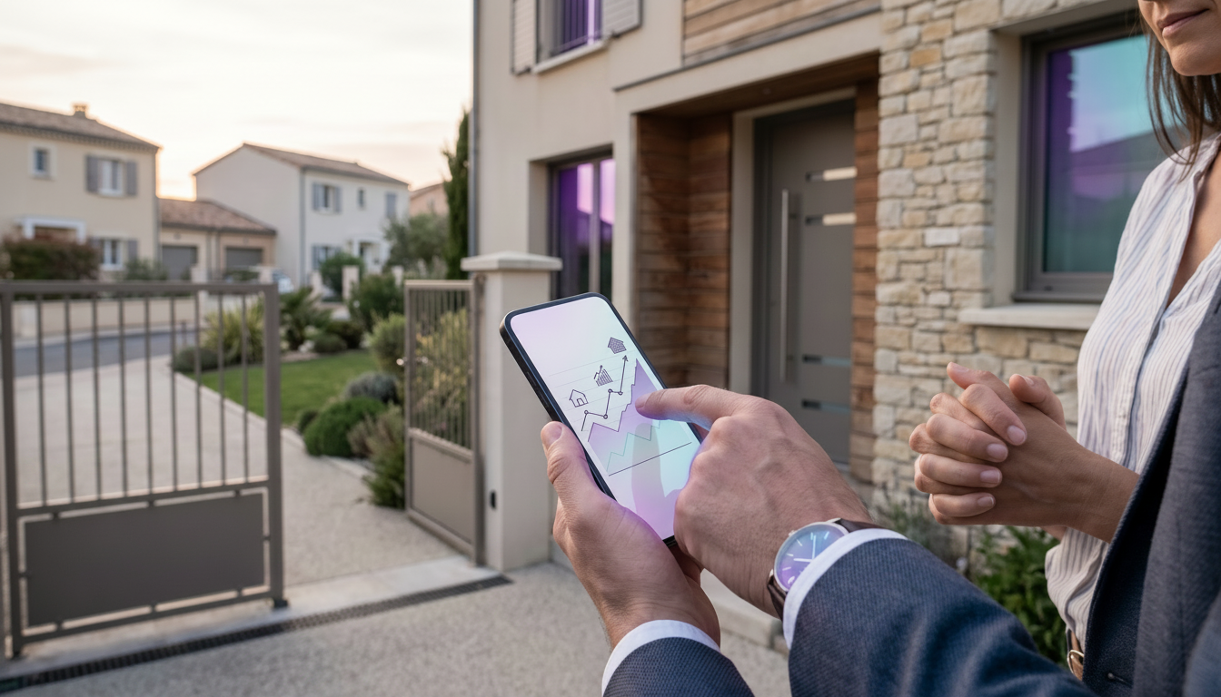 Vue rapprochée sur les mains d'un conseiller immobilier montrant des données de prix immobiliers sur